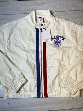 Champion Jacket Womens M White Cotton Windbreaker Full Zip University Logo NWT